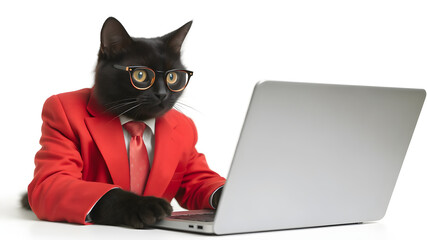 Fototapeta premium A black cat in a red suit and glasses is using a laptop and isolated on white background