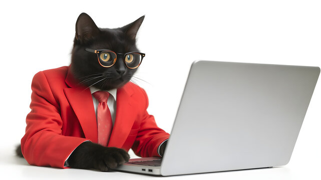 A black cat in a red suit and glasses is using a laptop and isolated on white background