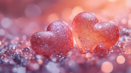 Obraz premium Two sparkly hearts on glitter, bokeh background, Valentine's concept