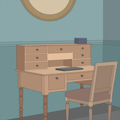 Vector illustration of Interior working  space. Drawn working room isolated. Design element for coloring book page.