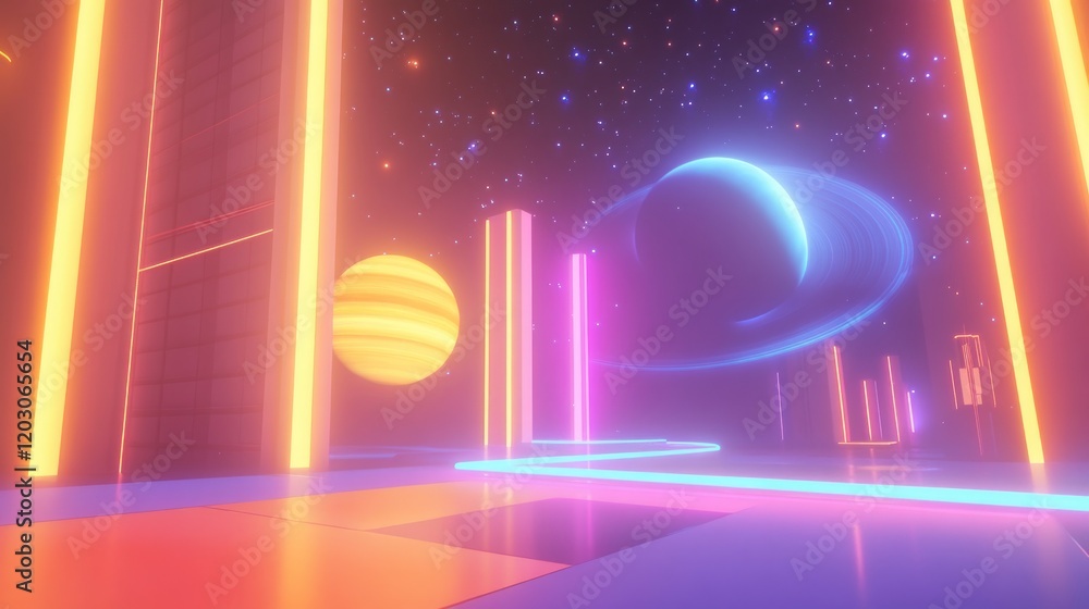 Poster neon cityscape with planets and stars in a futuristic setting