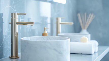 Elegant bathroom sink with marble bowl, gold faucet, clean towels, and decorative reeds, evoking luxury and tranquility.