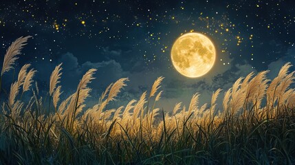 Fototapeta premium Full moon and Japanese pampas grass in midnight,The harvest Miscanthus sinensis and full moon,beautiful night sky in the countryside with the perfect moon exudes beauty in the dark.