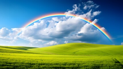 Naklejka premium Breathtaking panoramic view of a vivid rainbow stretching across the horizon of a serene rolling prairie landscape with lush green fields and a dramatic colorful sky