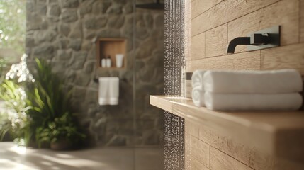 A serene bathroom setting featuring a wooden shelf with neatly rolled towels against a stone wall, perfect for relaxation and comfort.