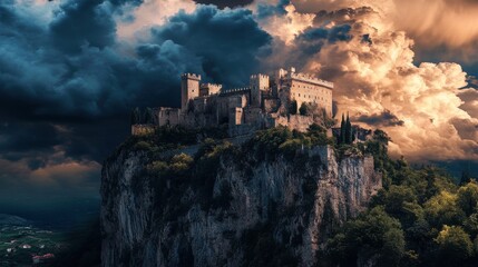 Fototapeta premium A majestic castle perched atop a rocky cliff, surrounded by dramatic storm clouds, with lush greenery in the foreground and a vast landscape visible in the background