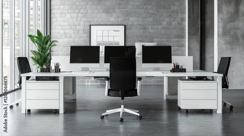 Poster Modern office workspace with multiple computers and chairs