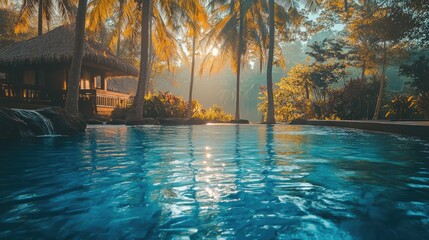 Tropical Resort Pool Sunrise Palm Trees Bungalow