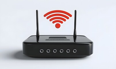Black internet router with red wifi signal.