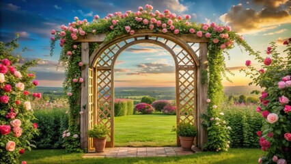 Fototapeta premium Elegant rose-covered arbor with a window and ornate wooden frame , serene landscape, decor, serene landscape