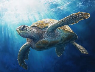 A majestic sea turtle gliding gracefully through crystal-clear ocean waters, illuminated by sunbeams above, showcasing the serene underwater environment and marine life