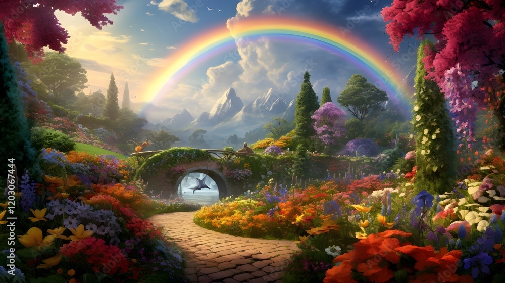 Poster breathtaking rainbow arching over a flourishing garden filled with a vibrant array of colorful bloom