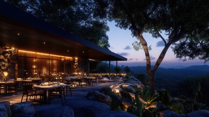 Obraz premium Elegant Outdoor Restaurant Overlooking Scenic Landscape