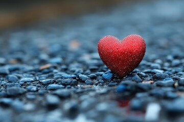 Fototapeta premium A vibrant red heart rests on a bed of soothing blue pebbles, creating a striking contrast that captures the essence of love and tranquility.