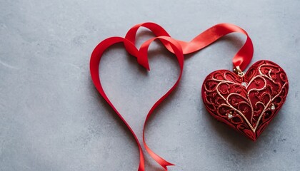 Red heart shaped decorations with ribbon on grey background. Two intertwined red ribbons forming heart shapes around a decorative heart.
