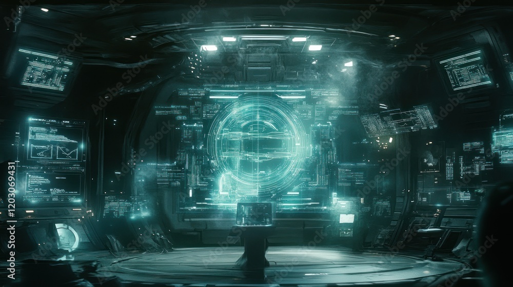 Poster Futuristic Control Room Displays Data Streams and Codes
