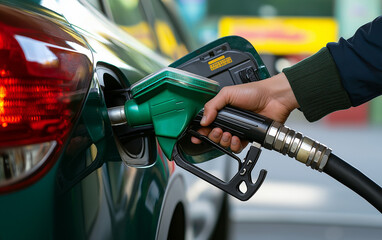 Car refueling on the petrol station. Hand refilling the car with fuel. Close up view 