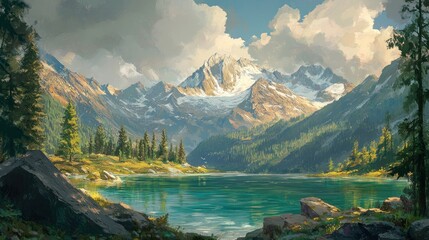 Serene Mountain Lake and Majestic Peaks Landscape