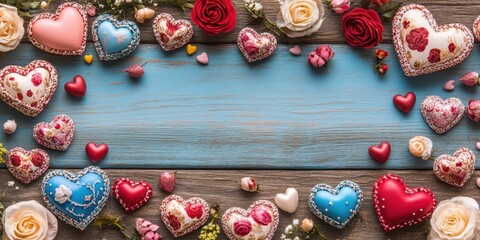 A charming display of vibrant hearts and delicate roses rests on a rustic wooden table, set against a serene blue backdrop, perfect for Valentine's Day.