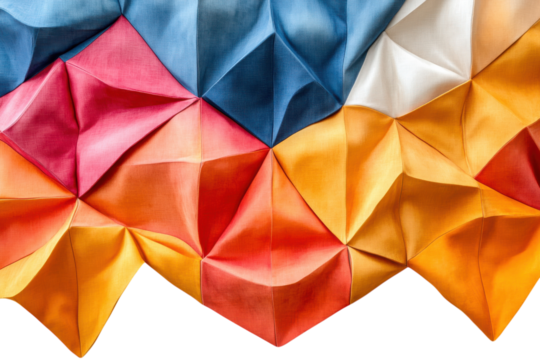 Colorful origami-like fabric showcases intricate folds and textures in a vibrant display