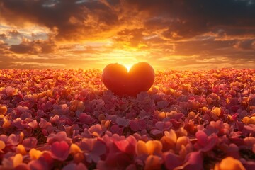 Fototapeta premium A vibrant heart-shaped object rests gracefully amidst a sea of colorful flowers, embodying love's beauty in a picturesque natural setting.