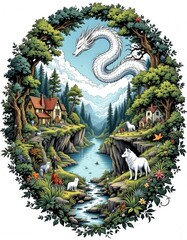 Fototapeta premium Enchanted Fantasy Landscape with Dragon and Wolf