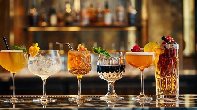 A row of glasses with different colored drinks on a bar