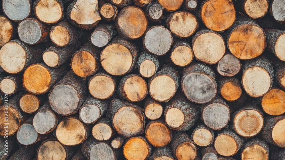 Poster a stack of round wooden logs close up