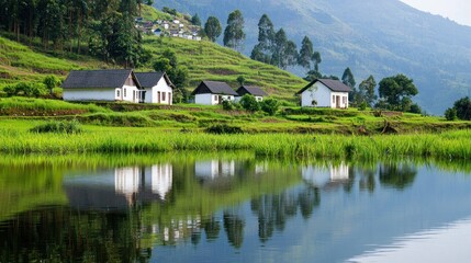 Obraz premium Tranquil Village Lakeside Reflection