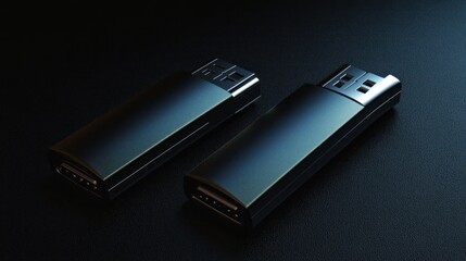 Two USB drives, dark background, studio shot, data storage