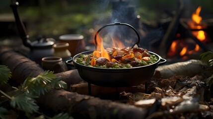 Rustic outdoor scene with a cozy meal of bonsai soup simmering over an open campfire in a natural forested setting  A tranquil minimalist Japanese inspired dining experience in the wilderness