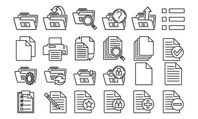 Files folders bold stroke line style icons set archive documents attach paper zip folder