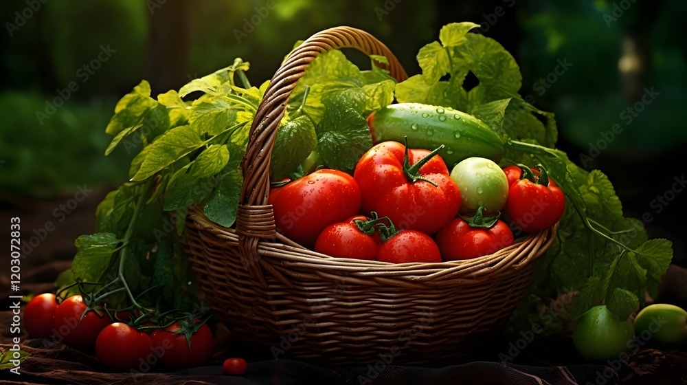 Poster a basket overflowing with a bountiful harvest of freshly picked tomatoes lettuce and cucumbers showc