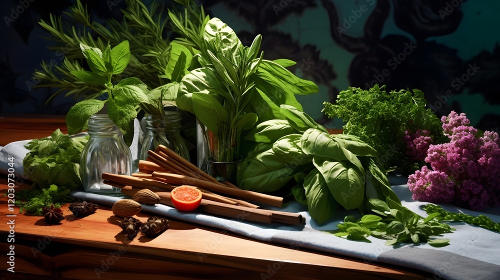 Poster close up shot of an array of fresh aromatic herbs including basil parsley and rosemary neatly arrang
