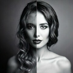 Fototapeta premium A colorful portrait - divided by half of the image into parts - style and female; bright makeup, hairstyle, unusual appearance