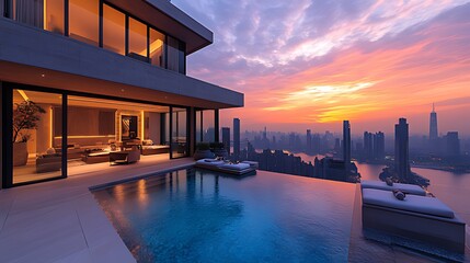 Fototapeta premium Modern penthouse sunset infinity pool city view