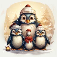 Adorable Penguin Family with Winter Holiday Decorations By Generated AI