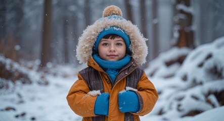 Child bundled up in winter clothes with snowy forest backdrop
