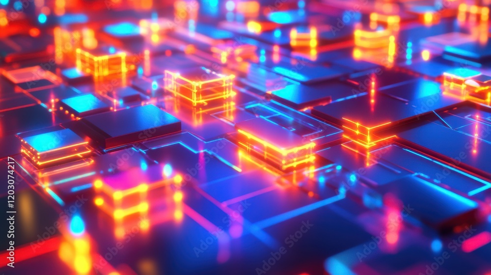 Poster vibrant abstract representation of interconnected digital circuits illuminated with neon colors