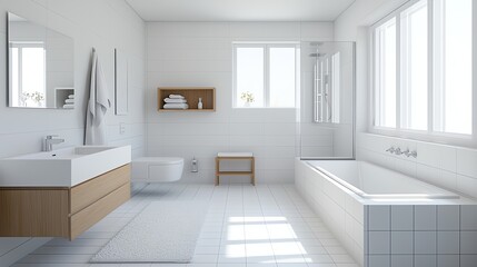 Fototapeta premium Bright, modern bathroom featuring sleek fixtures, large windows, and minimalist design for a fresh, airy atmosphere.