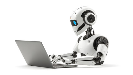 Fototapeta premium AI robot is using a laptop and isolated on white background