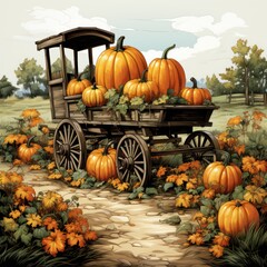 Rustic Autumn Cart with Pumpkins and Marigold Flowers By Generated AI