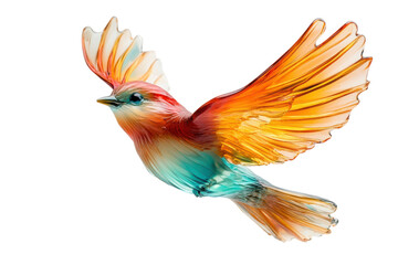 Colorful glass bird with vibrant wings in mid-flight showcasing artistic craftsmanship