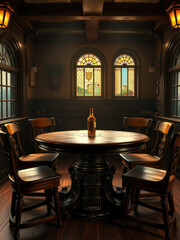 Classic wooden round table in a traditional pub, blur background, vintage, wooden, round, table