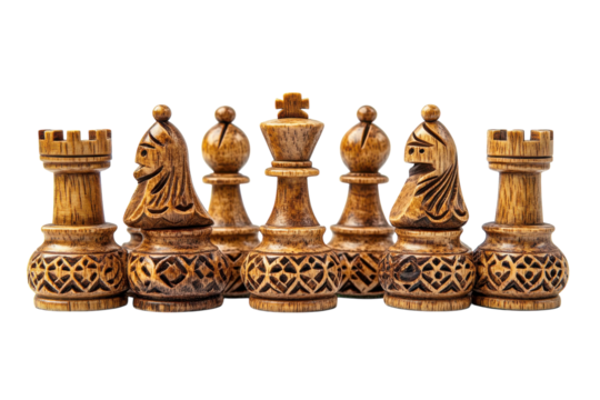 Detailed carved wooden chess pieces showcased on a white background emphasizing their intricate design and craftsmanship