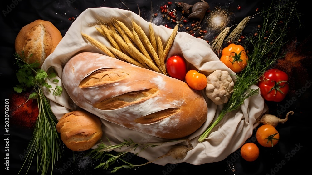 Poster top view of assorted fresh bread vegetables and other produce in a reusable shopping bag on a clean 