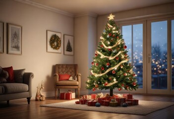 Christmas tree decorated with lights and ornaments, joyous occasion, merry mood