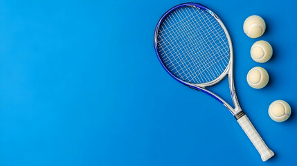 Tennis Racket and Balls on Blue Background