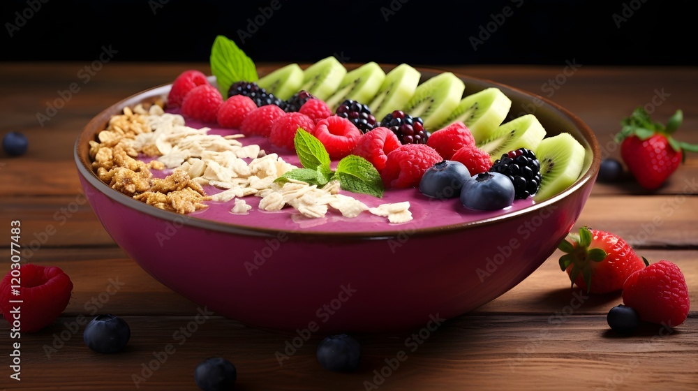 Poster closeup of a visually appealing smoothie bowl made with a blend of fresh colorful fruits and topped 
