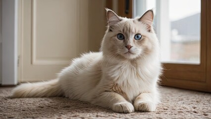Cream point ragdoll cat in the living room